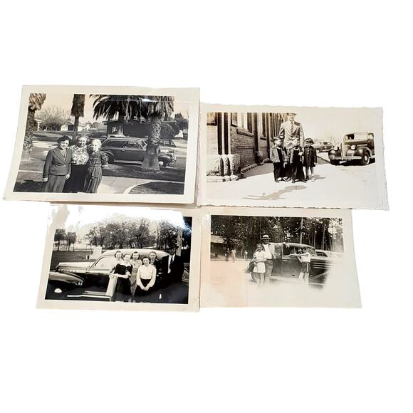 B&W 1940s People Posing in Front of Car Vehicle Landscape Snapshot Man Children - Picture 1 of 8